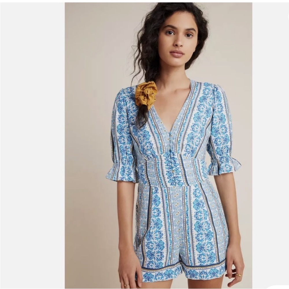FARM Rio Blue and White Printed V-Neck Romper